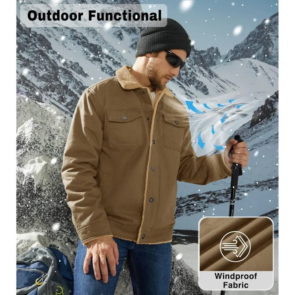 Men's Khaki Winter Thick Thermal Cotton Warm Fleece Lined Coat Cargo Jackets